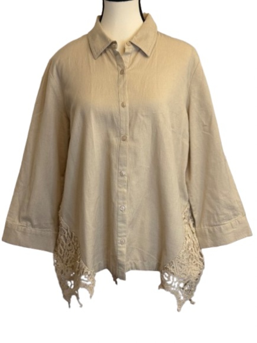 Coldwater Creek Linen Blend Lace Hem Buttons Blouse 10-12 Beige Boho Cottagecore - Picture 2 of 7
